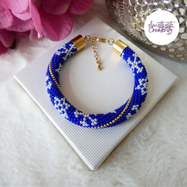 ❅ Collection “Etoiles des Neiges” : Bracelet Crocheté Fait Main en Acier Inoxydable et Perles “Miyuki” – Bleu & Doré