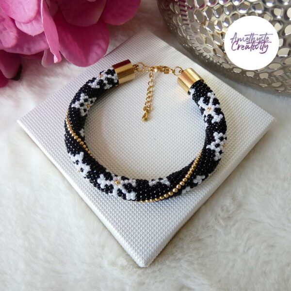 ❅ Collection “Etoiles des Neiges” : Bracelet Crocheté Fait Main en Acier Inoxydable et Perles “Miyuki” – Noir & Doré