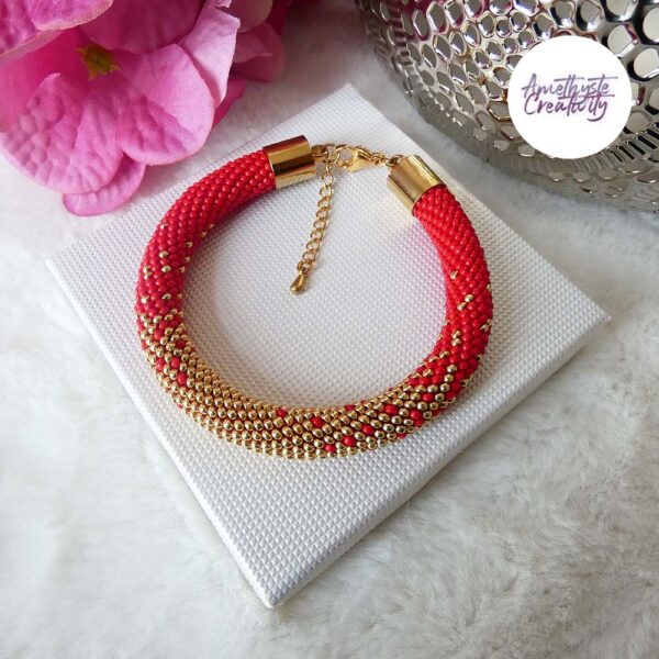 LES DEGRADES || Bracelet Crocheté Fait Main en Acier Inoxydable et Perles “Miyuki” – Rouge & Doré