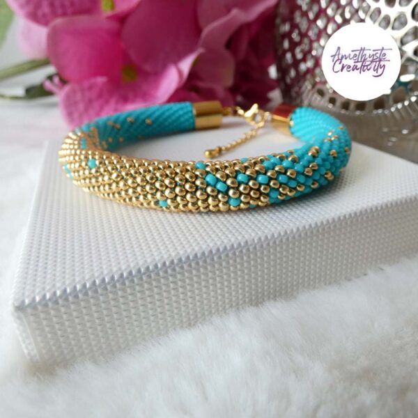 LES DEGRADES || Bracelet Crocheté Fait Main en Acier Inoxydable et Perles “Miyuki” – Turquoise & Doré
