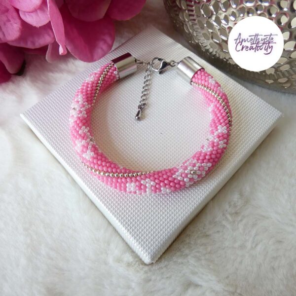 ❅ Collection “Etoiles des Neiges” : Bracelet Crocheté Fait Main en Acier Inoxydable et Perles “Miyuki” – Rose & Argent