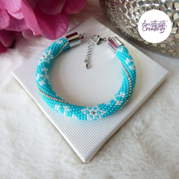 ETOILES DES NEIGES || Bracelet Crocheté Fait Main en Acier Inoxydable et Perles “Miyuki” – Turquoise & Argent
