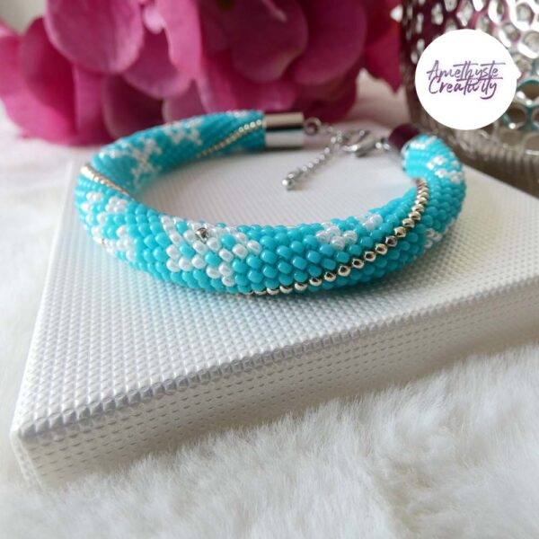 ETOILES DES NEIGES || Bracelet Crocheté Fait Main en Acier Inoxydable et Perles “Miyuki” – Turquoise & Argent