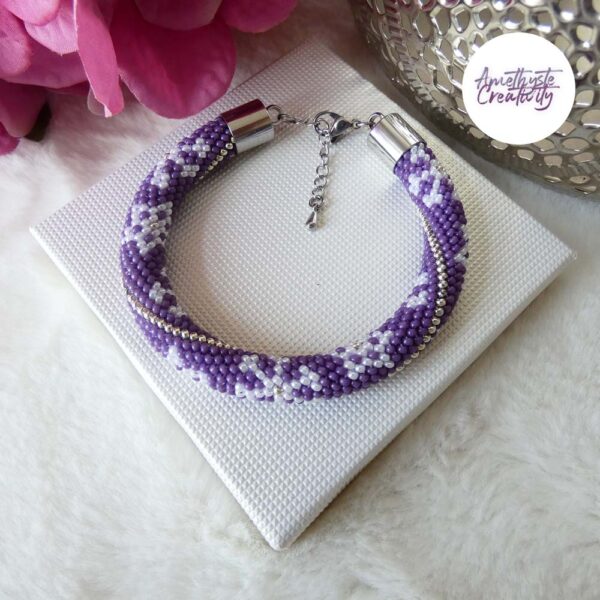 ❅ Collection “Etoiles des Neiges” : Bracelet Crocheté Fait Main en Acier Inoxydable et Perles “Miyuki” – Violet & Argent