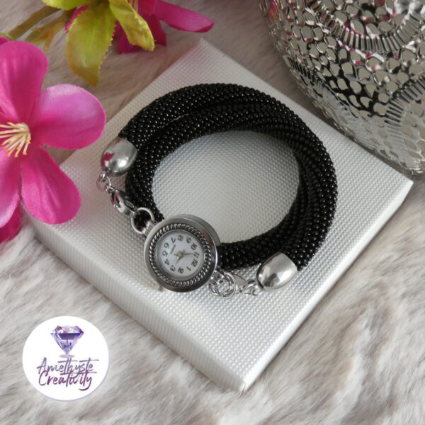 Bracelet Multi rang Montre Fait Main en Perles “Miyuki” Noires et Acier Inoxydable