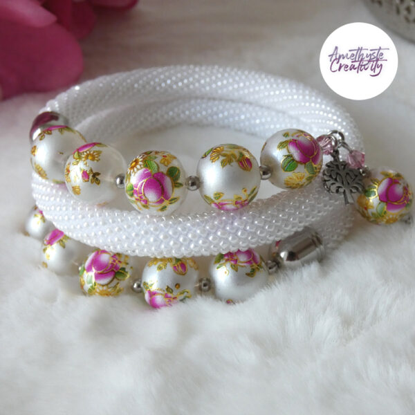 TENSHA || Bracelet Mémoire Sans Fermoir Crocheté Fait Main en Perles “Miyuki” & Perles Tensha – Blanc