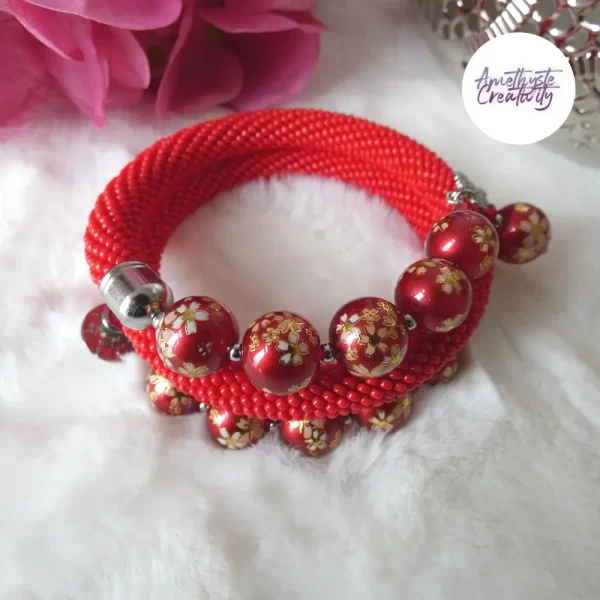 TENSHA || Bracelet Mémoire Sans Fermoir Crocheté Fait Main en Perles “Miyuki” & Perles Tensha – Rouge