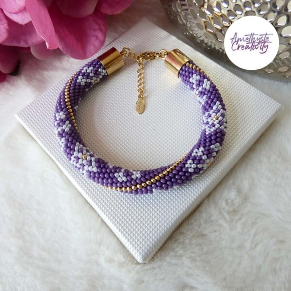 ETOILE DES NEIGES || Bracelet Crocheté Fait Main en Acier Inoxydable et Perles “Miyuki” – Violet & Doré