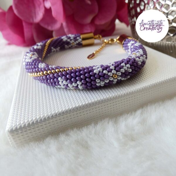 ETOILE DES NEIGES || Bracelet Crocheté Fait Main en Acier Inoxydable et Perles “Miyuki” – Violet & Doré