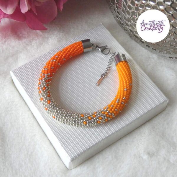 Bracelet “Dégradé” Crocheté Acier Inoxydable en Spirales avec Perles “Miyuki” – Avec 2 Nuances d’Orange