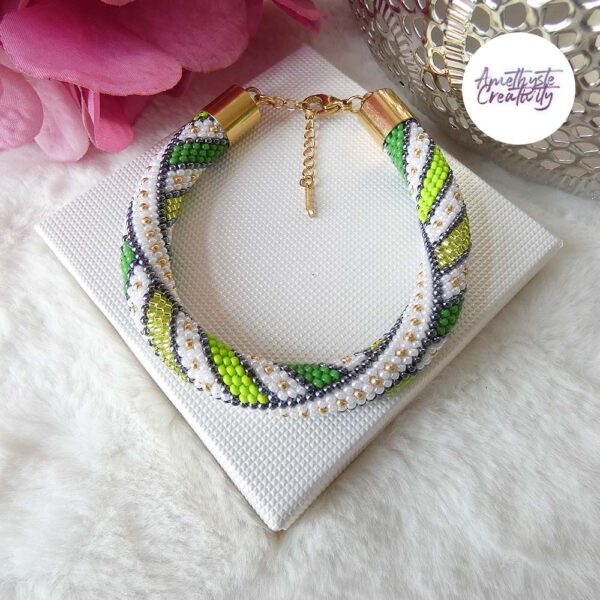 Bracelet Crocheté Fait Main en Acier Inoxydable et Perles “Miyuki” – Vert
