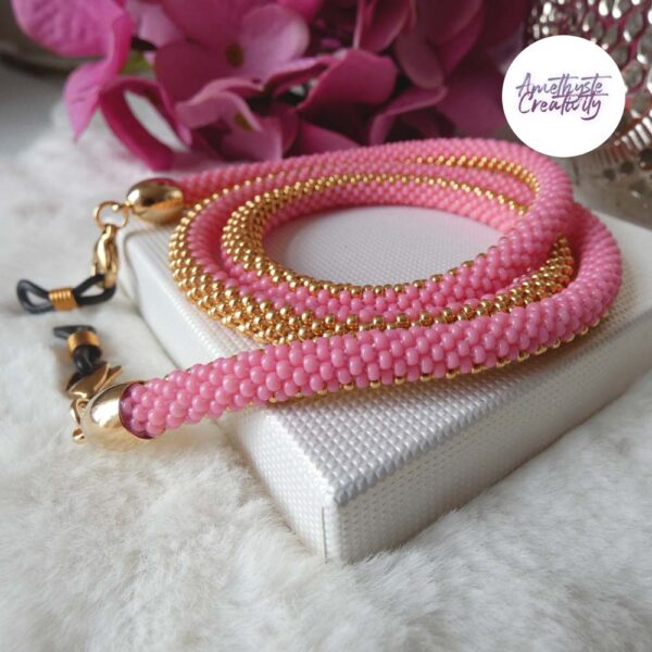 2 en 1 : Cordon pour Lunettes / Collier Acier Inoxydable Bicolor avec des perles ‘Miyuki’ – Rose & Doré