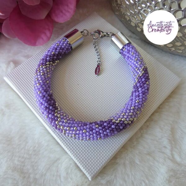 Bracelet Crocheté Fait Main en Acier Inoxydable et Perles “Miyuki” – Violet & Argent