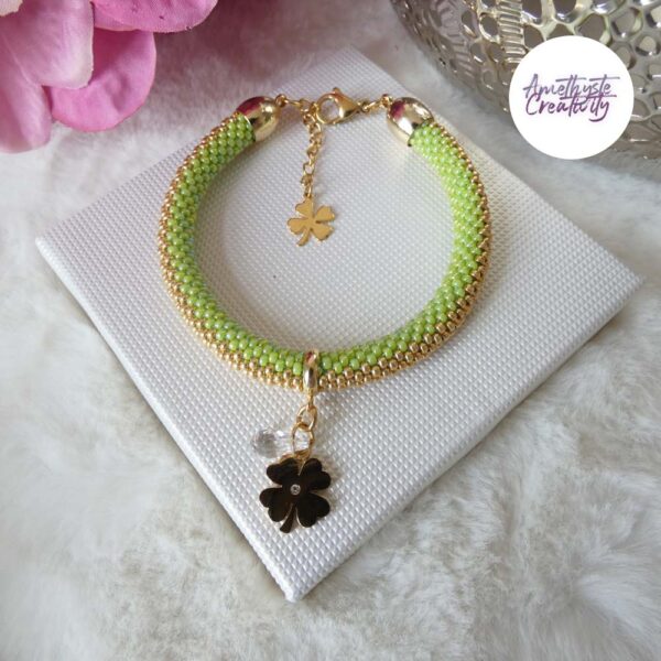 Bracelet Crocheté Acier Inoxydable en Spirales avec Perles “Miyuki” – Vert & Doré