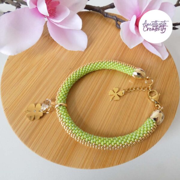 Bracelet Crocheté Acier Inoxydable en Spirales avec Perles “Miyuki” – Vert & Doré