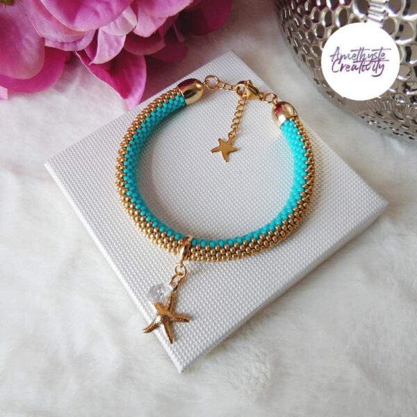 Bracelet Crocheté Acier Inoxydable en Spirales avec Perles “Miyuki” – Turquoise & Doré