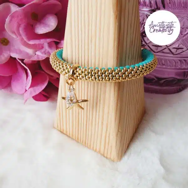Bracelet Crocheté Acier Inoxydable en Spirales avec Perles “Miyuki” – Turquoise & Doré