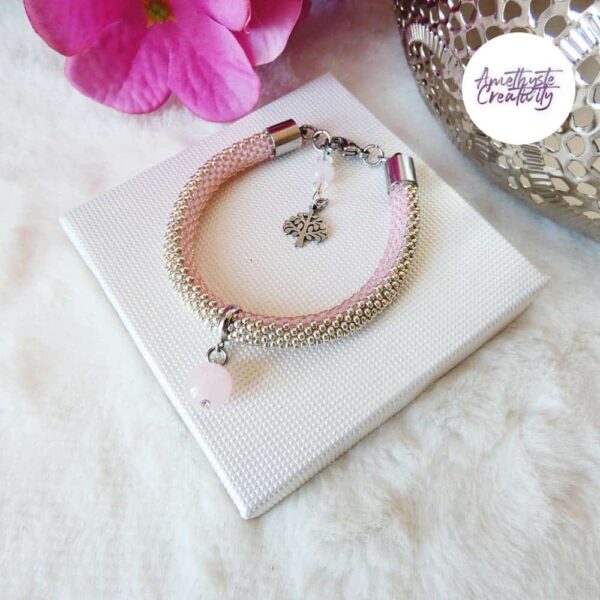 TREE OF LIFE || Bracelet Crocheté Acier Inoxydable en Spirales avec Perles “Miyuki” & Quartz Rose
