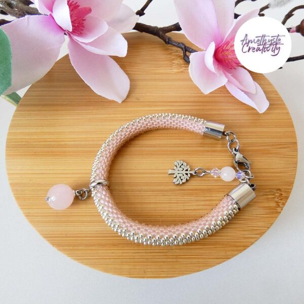TREE OF LIFE || Bracelet Crocheté Acier Inoxydable en Spirales avec Perles “Miyuki” & Quartz Rose