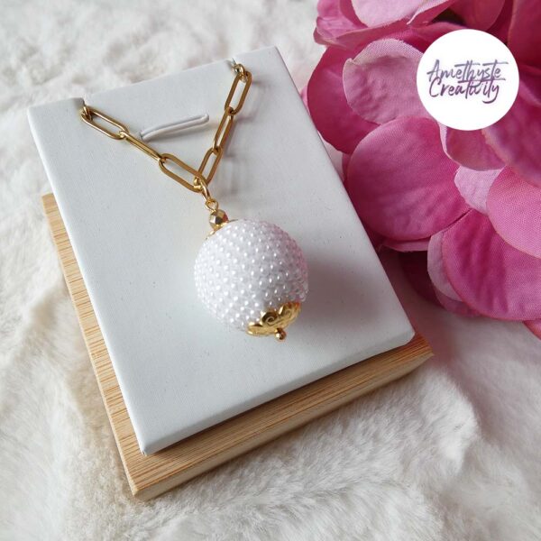 Pendentif Fait Main Crocheté Boule De 20 Mm En Perles “Miyuki” – Blanc Nacré