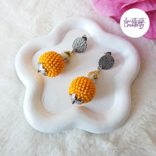 TELIA || Boucles d’oreilles Crochetées Boules de 17 mm en Perles “Miyuki” et Acier Inoxydable – Orange