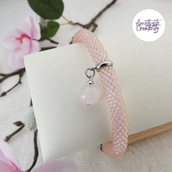 BUTTERFLY || Bracelet Crocheté Fait Main En Acier Inoxydable Et Perles “Miyuki” & Quartz Rose – Image 10