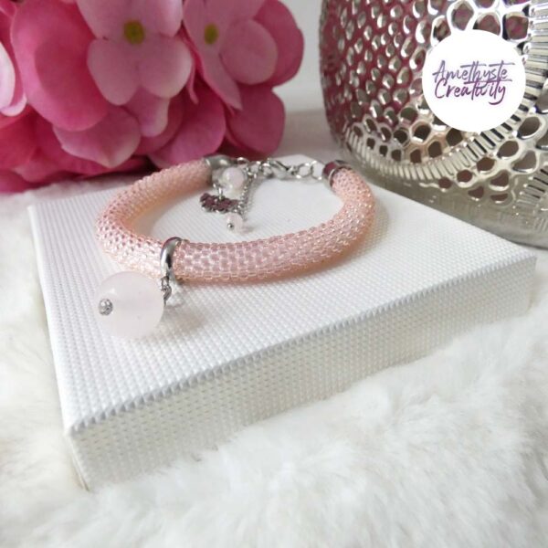 BUTTERFLY || Bracelet Crocheté Fait Main En Acier Inoxydable Et Perles “Miyuki” & Quartz Rose