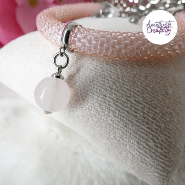 BUTTERFLY || Bracelet Crocheté Fait Main En Acier Inoxydable Et Perles “Miyuki” & Quartz Rose – Image 6