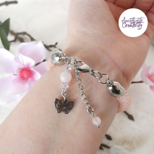 BUTTERFLY || Bracelet Crocheté Fait Main En Acier Inoxydable Et Perles “Miyuki” & Quartz Rose – Image 9