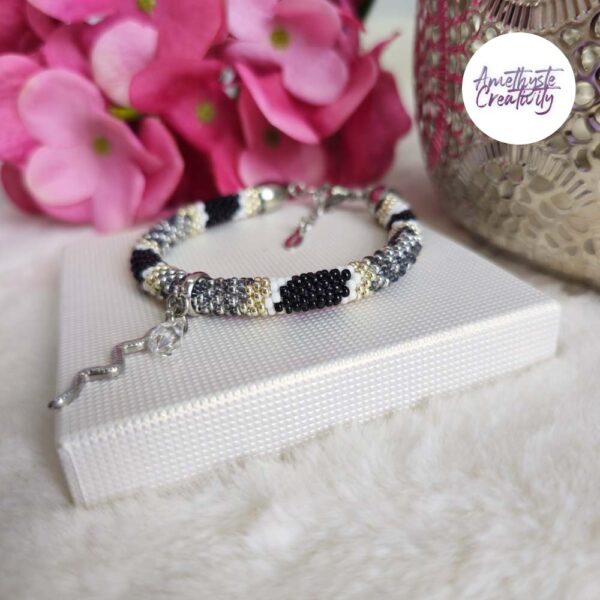 SNAKY || Bracelet Crocheté Acier Inoxydable en Spirales avec Perles “Miyuki” – Noir & Argent