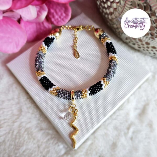 SNAKY || Bracelet Crocheté Acier Inoxydable en Spirales avec Perles “Miyuki” – Noir & Doré