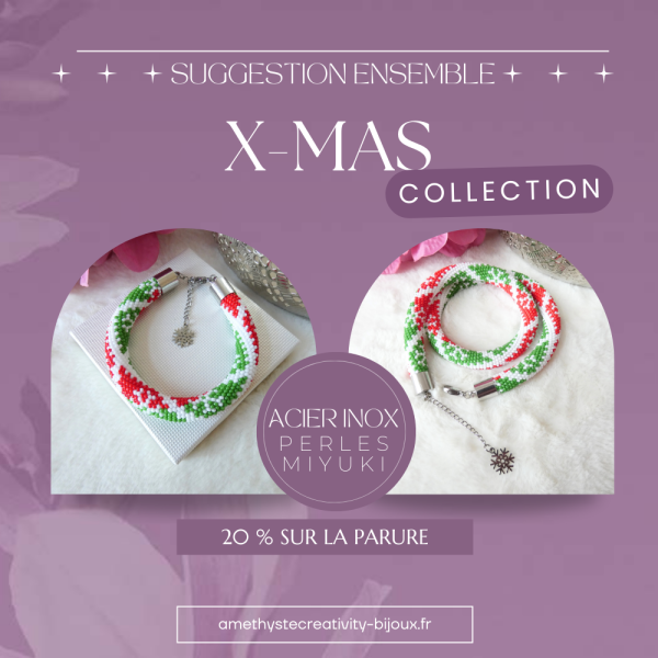 ENSEMBLE – XMAS || Collier & Bracelet Crochetés Fait Main en Acier Inoxydable et Perles “Miyuki”