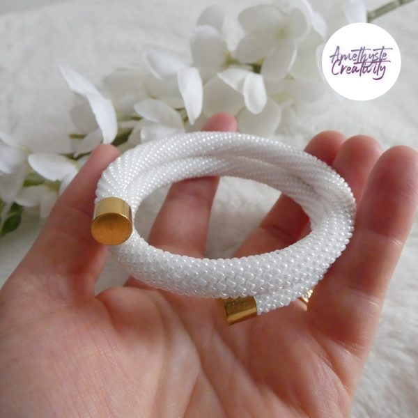 Bracelet Mémoire Sans Fermoir Crocheté Fait Main en Perles "Miyuki" - Blanc Nacré