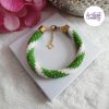 MIRALYS || Bracelet Crocheté Fait Main en Acier Inoxydable et Perles “Miyuki” -Vert & Blanc