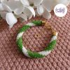 MIRALYS || Bracelet Crocheté Fait Main en Acier Inoxydable et Perles “Miyuki” -Vert & Blanc