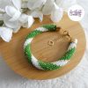 MIRALYS || Bracelet Crocheté Fait Main en Acier Inoxydable et Perles “Miyuki” -Vert & Blanc