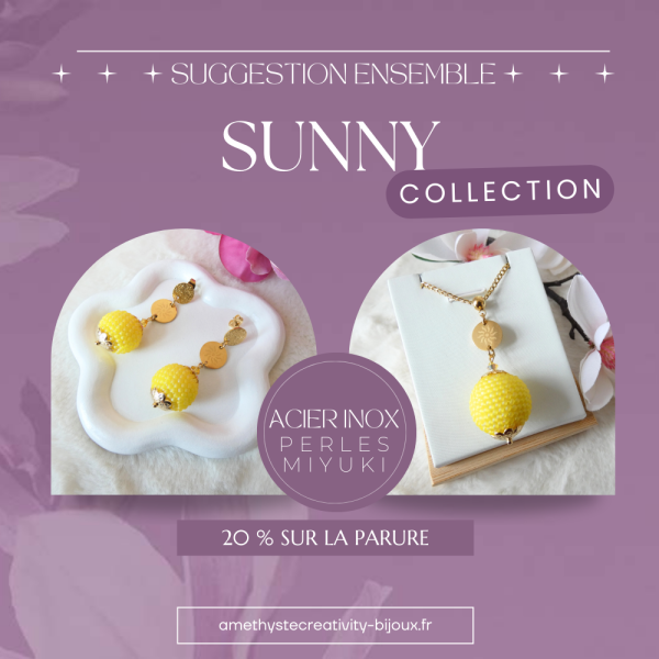ENSEMBLE – SUNNY || Collier & Boucles D’oreilles Fait Main Crochetées Boules De 17 Mm En Perles “Miyuki” – Jaune Mat