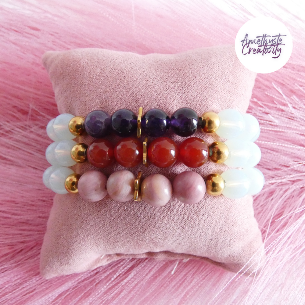 AELORIA || Bracelet Elastique fait-main en Perles Amethyste, Cornaline, Rhodonite et Opalite