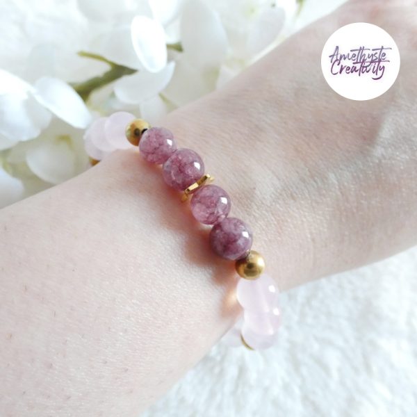 AELORIA || Bracelet Elastique fait-main en Acier Inoxydable & Perles Lépidolite, Quartz Rose