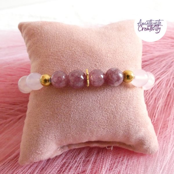 AELORIA || Bracelet Elastique fait-main en Acier Inoxydable & Perles Lépidolite, Quartz Rose