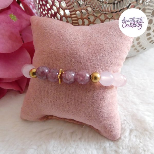 AELORIA || Bracelet Elastique fait-main en Acier Inoxydable & Perles Lépidolite, Quartz Rose