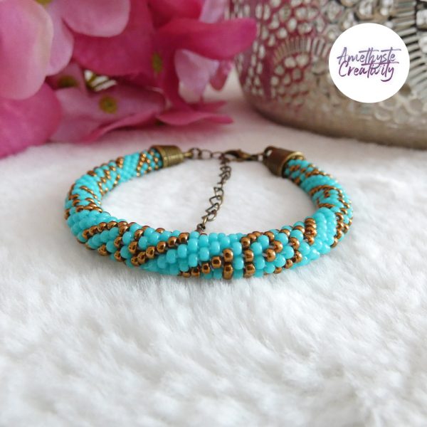 ELORA || Bracelet Crocheté Fait Main en Perles “Miyuki” – Bronze & Turquoise