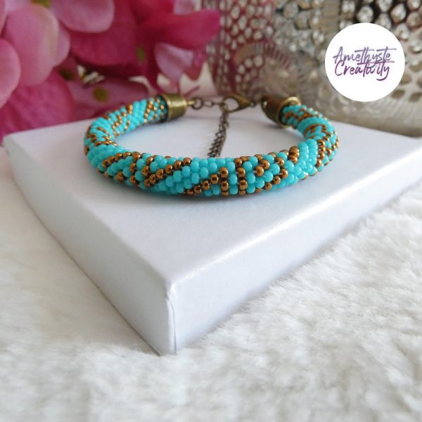 ELORA || Bracelet Crocheté Fait Main en Perles “Miyuki” – Bronze & Turquoise