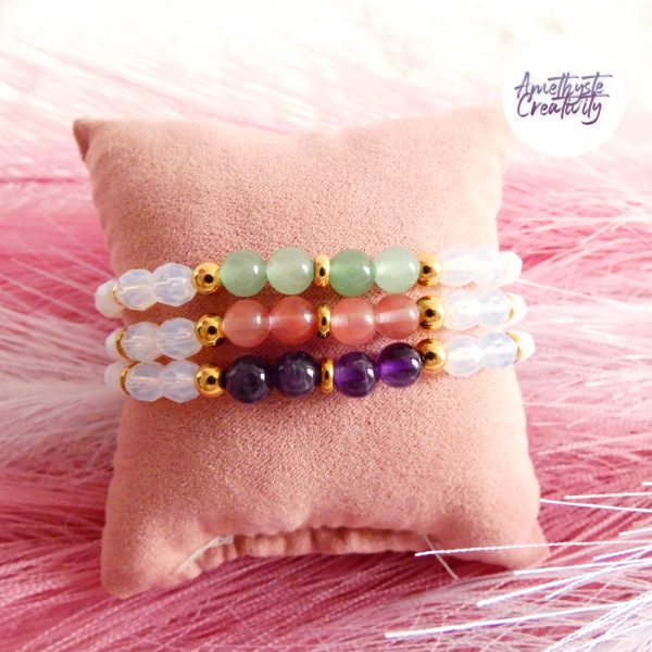 LYSANDRA || Bracelet Elastique fait-main en Perles Amethyste, Aventurine & Quartz Cerise