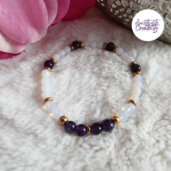 LYSANDRA || Bracelet Elastique fait-main en Perles Amethyste, Aventurine & Quartz Cerise