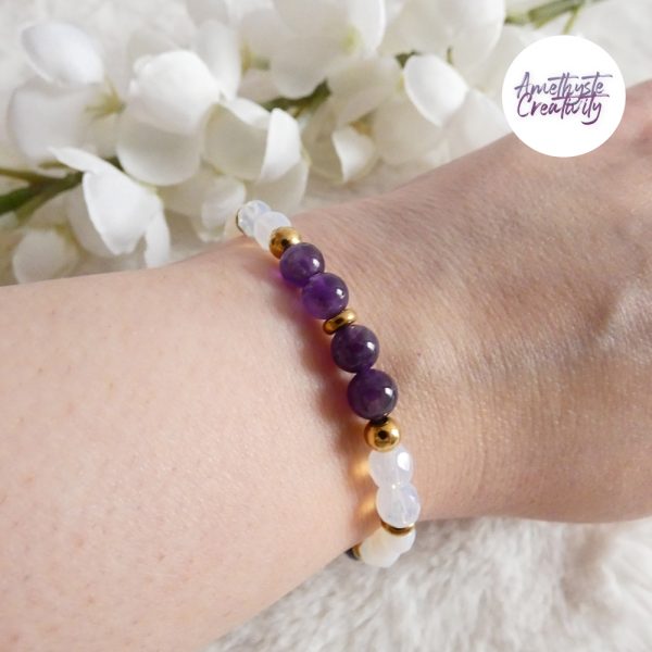 LYSANDRA || Bracelet Elastique fait-main en Perles Amethyste, Aventurine & Quartz Cerise