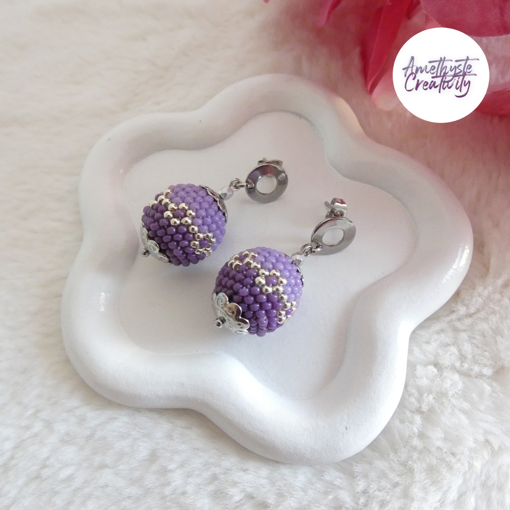 LYSEA || Boucles d'oreilles Crochetées Fait Main en Acier Inoxydable et Perles “Miyuki” - Violet