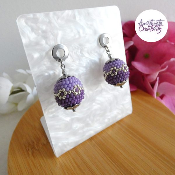 LYSEA || Boucles d'oreilles Crochetées Fait Main en Acier Inoxydable et Perles “Miyuki” - Violet