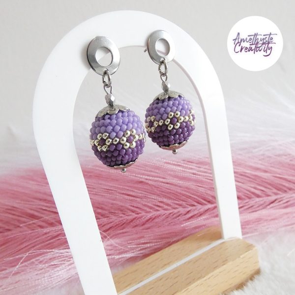 LYSEA || Boucles d'oreilles Crochetées Fait Main en Acier Inoxydable et Perles “Miyuki” - Violet