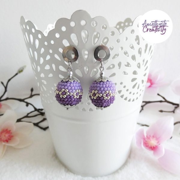 LYSEA || Boucles d'oreilles Crochetées Fait Main en Acier Inoxydable et Perles “Miyuki” - Violet